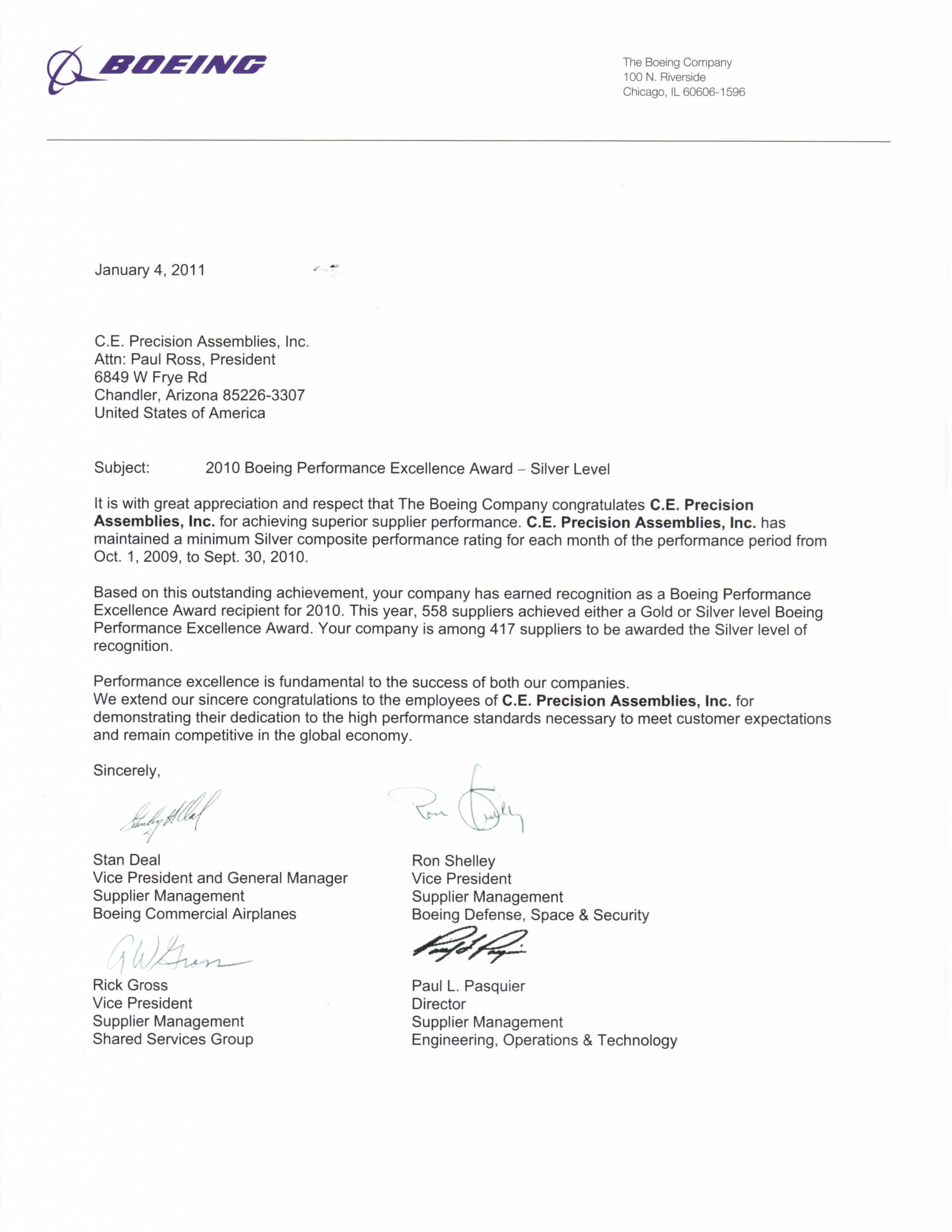 2010 Boeing Performance Excellence Award - Silver Level